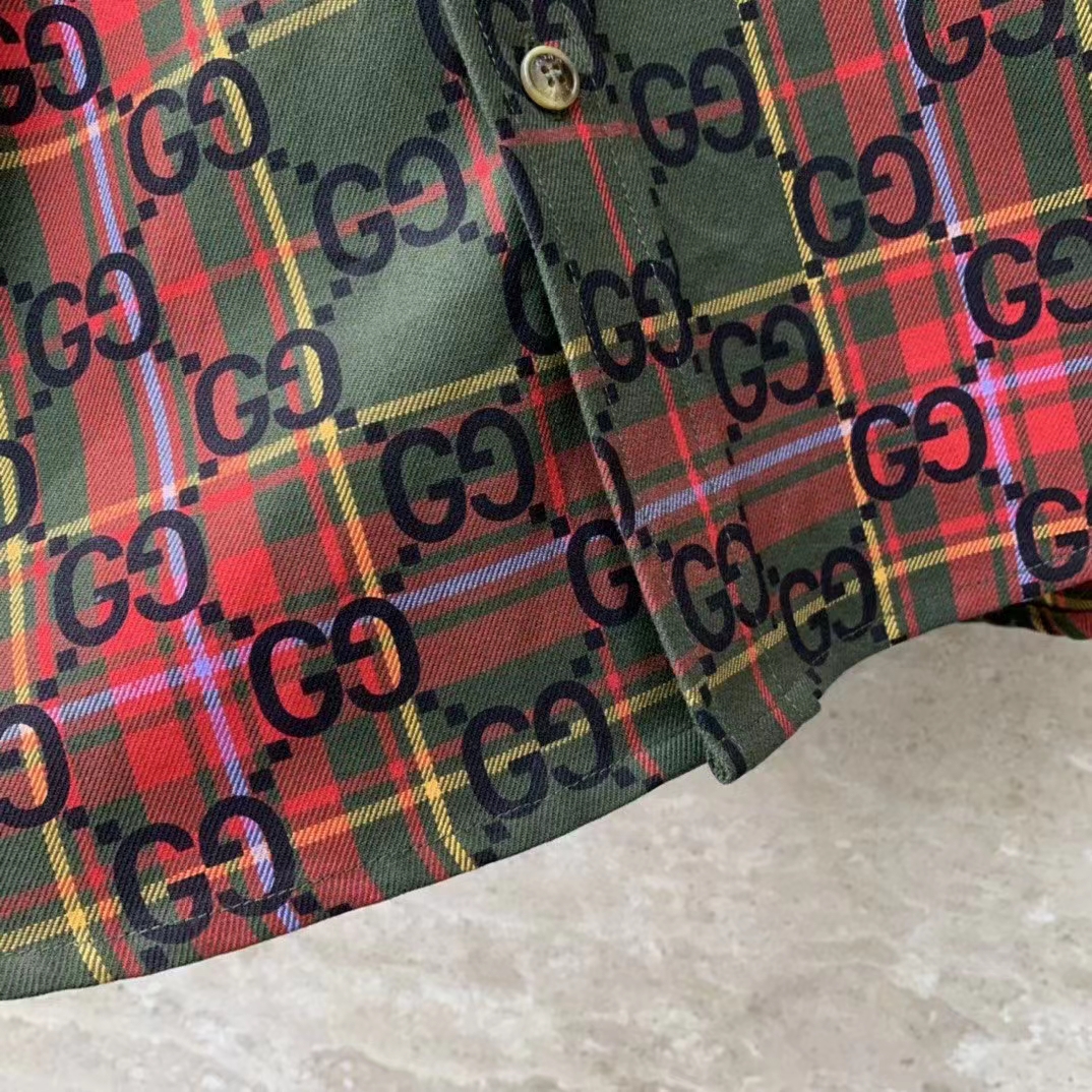 Gucci Women GG Tartan Wool Shirt Green Red GG Point Collar Long Sleeves Button Cuffs