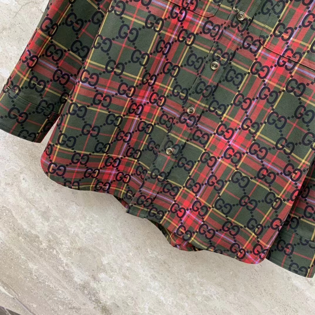 Gucci Men GG Tartan Wool Shirt Green Red GG Point Collar Long Sleeves Button Cuffs