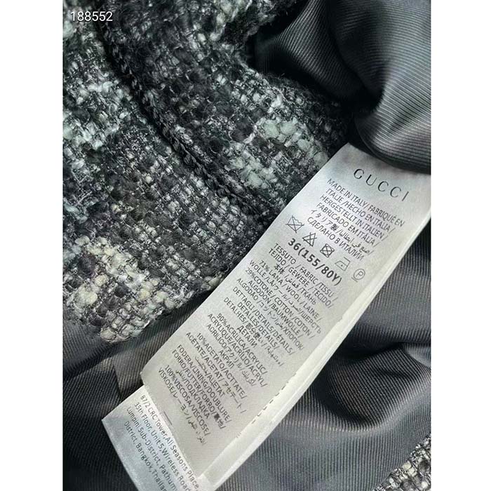 Gucci Women GG Tweed Jacket Dark Grey Lined Collarless Two Front Pockets Button Closure Style ‎761164 ZAPA4 1158