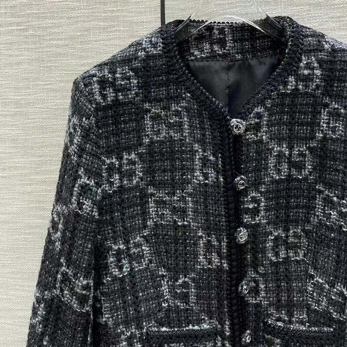 Gucci Women GG Tweed Jacket Dark Grey Lined Collarless Two Front Pockets Button Closure Style ‎761164 ZAPA4 1158