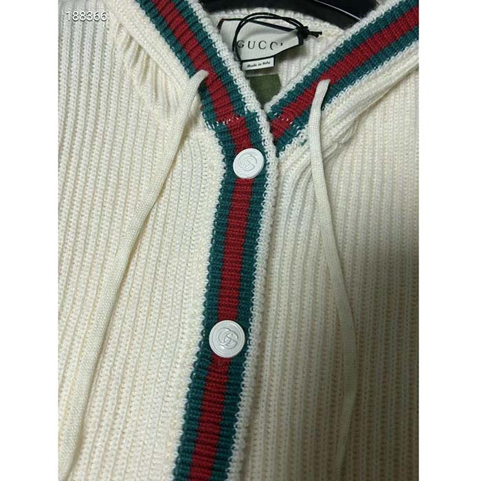 Gucci Women Rib Stitch Wool Cardigan Web Fixed Hood Drawstring Dropped Shoulder Long Sleeves