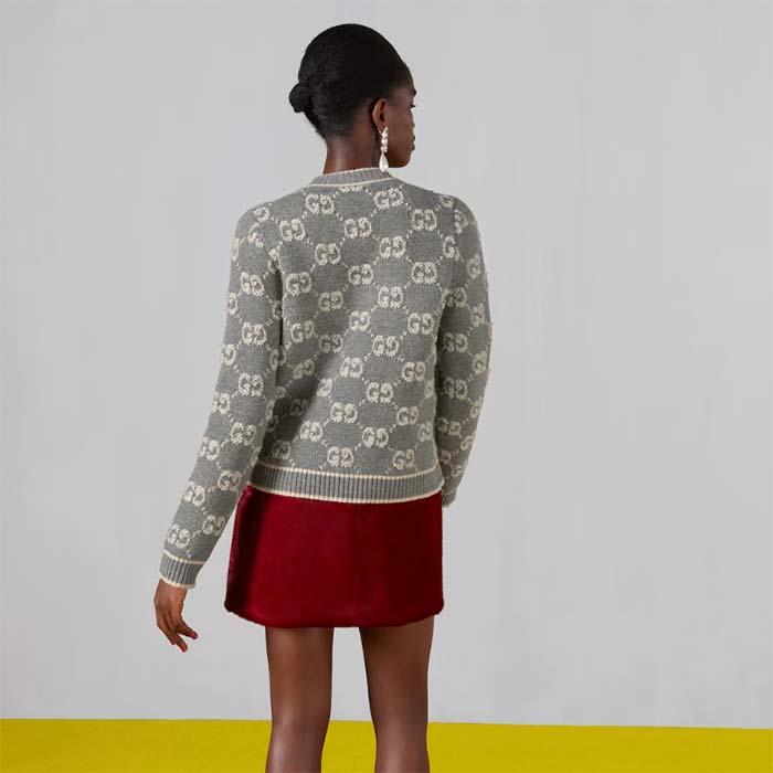 Gucci Women Wool Bouclé Jacquard Cardigan Grey Ivory GG Crewneck Long Sleeves