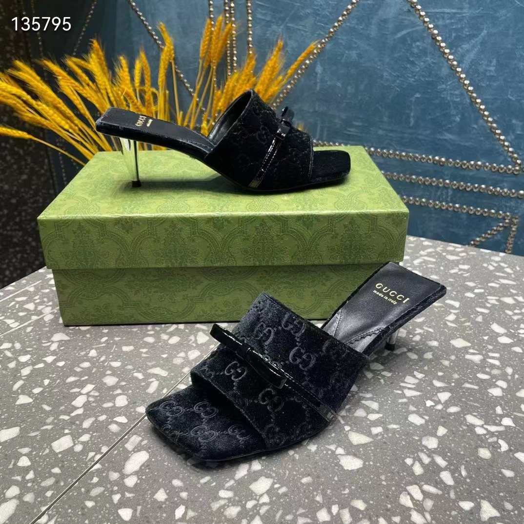 Gucci Women’s GG Slide Sandal Black GG Velvet Square Toe Low 4.3 CM Heel
