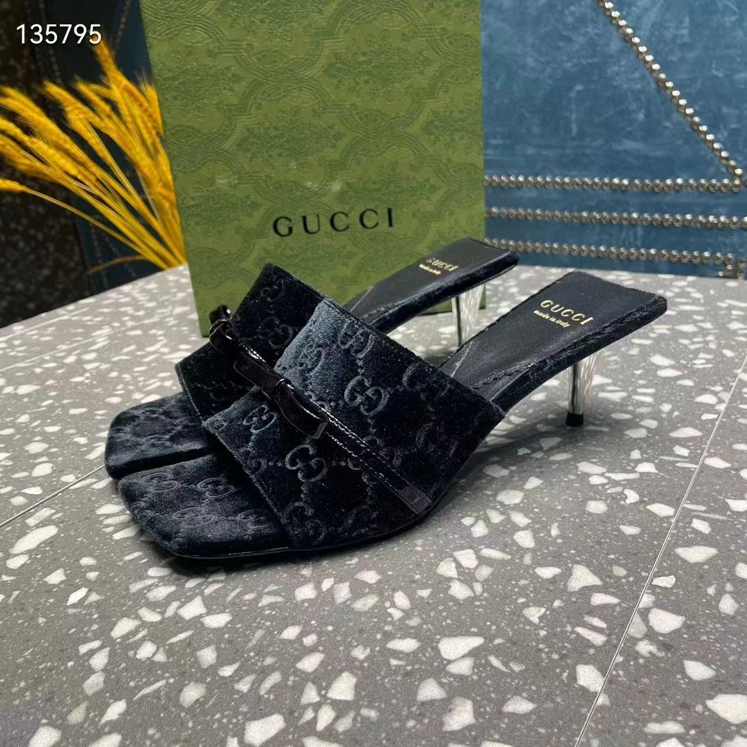 Gucci Women’s GG Slide Sandal Black GG Velvet Square Toe Low 4.3 CM Heel