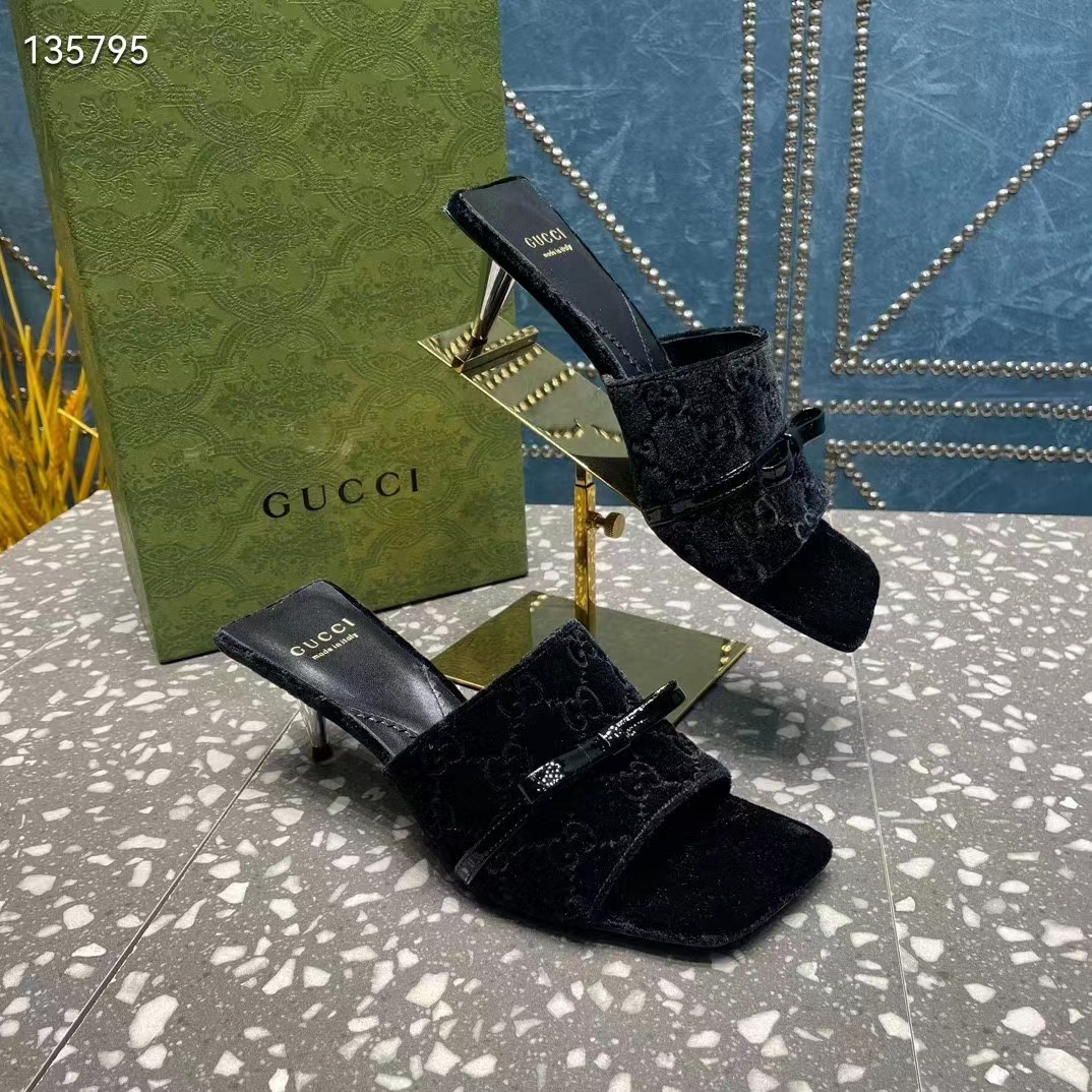 Gucci Women’s GG Slide Sandal Black GG Velvet Square Toe Low 4.3 CM Heel
