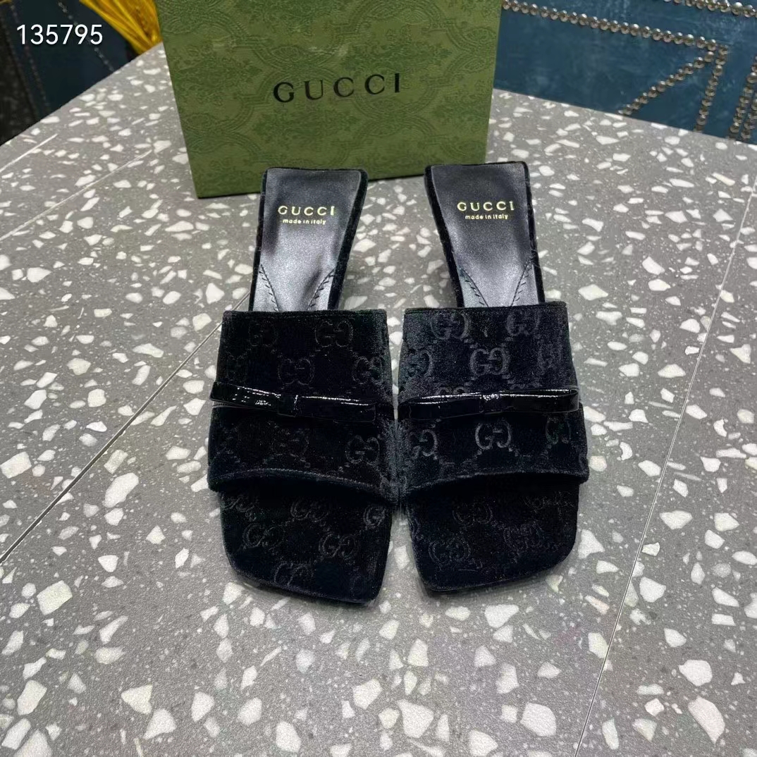 Gucci Women’s GG Slide Sandal Black GG Velvet Square Toe Low 4.3 CM Heel
