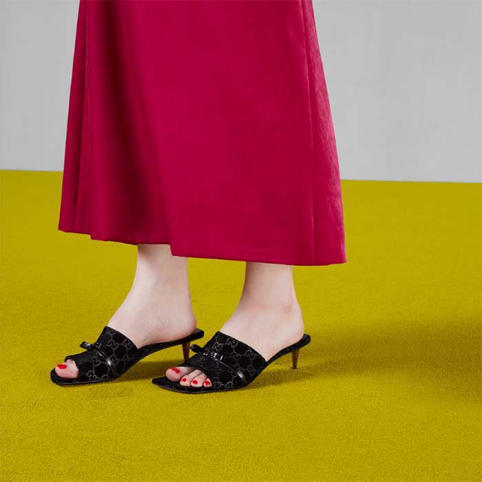 Gucci Women’s GG Slide Sandal Black GG Velvet Square Toe Low 4.3 CM Heel