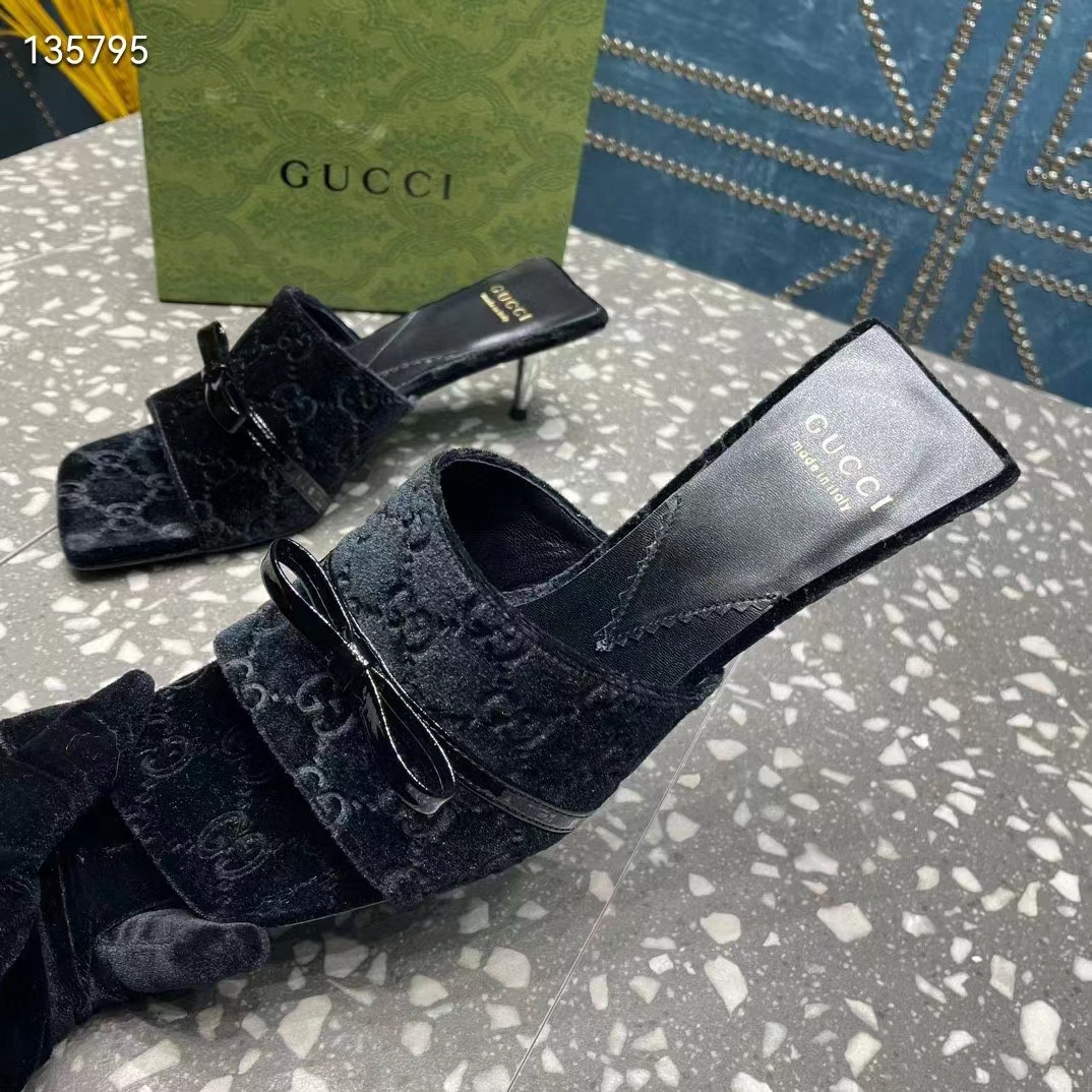 Gucci Women’s GG Slide Sandal Black GG Velvet Square Toe Low 4.3 CM Heel