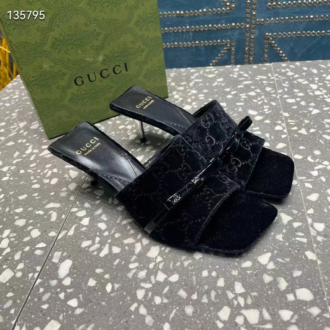 Gucci Women’s GG Slide Sandal Black GG Velvet Square Toe Low 4.3 CM Heel