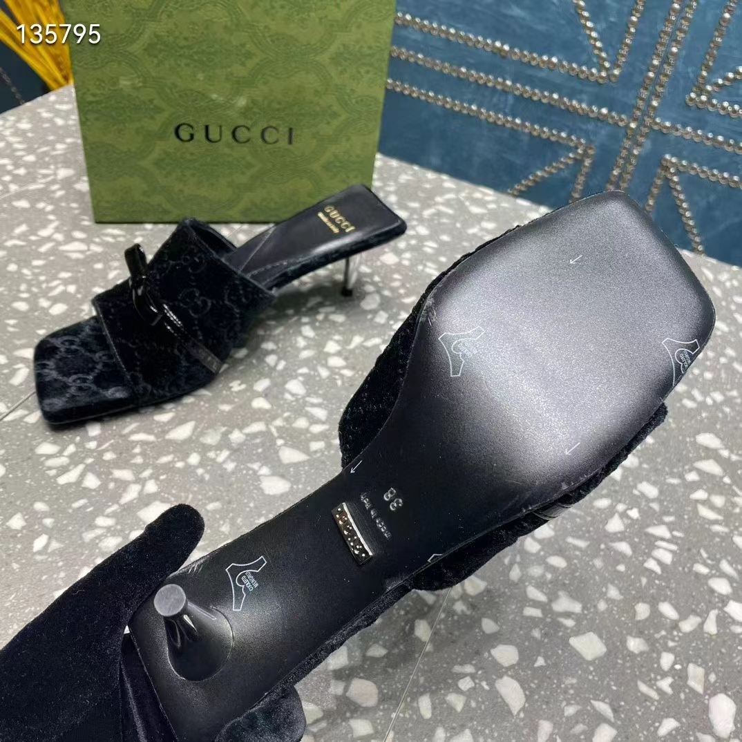 Gucci Women’s GG Slide Sandal Black GG Velvet Square Toe Low 4.3 CM Heel