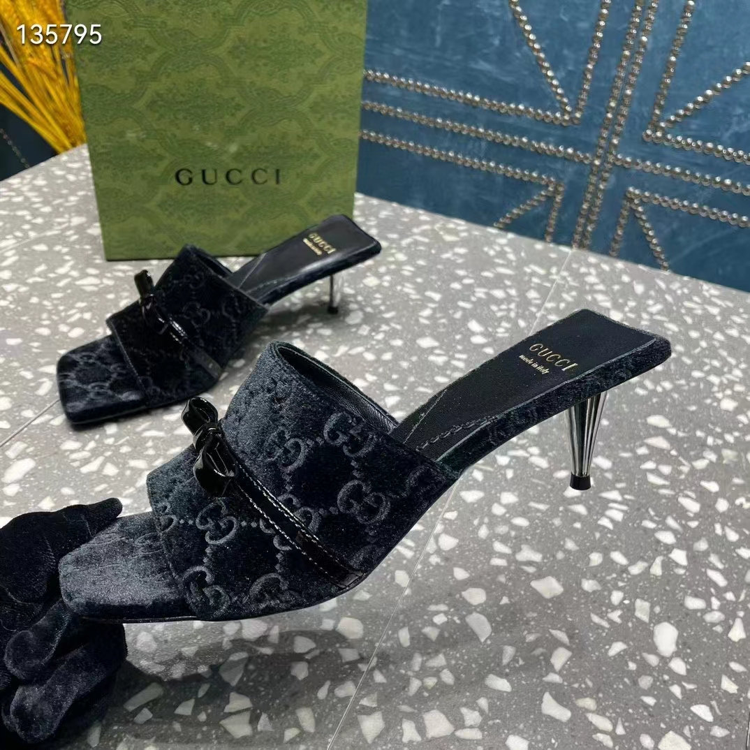 Gucci Women’s GG Slide Sandal Black GG Velvet Square Toe Low 4.3 CM Heel