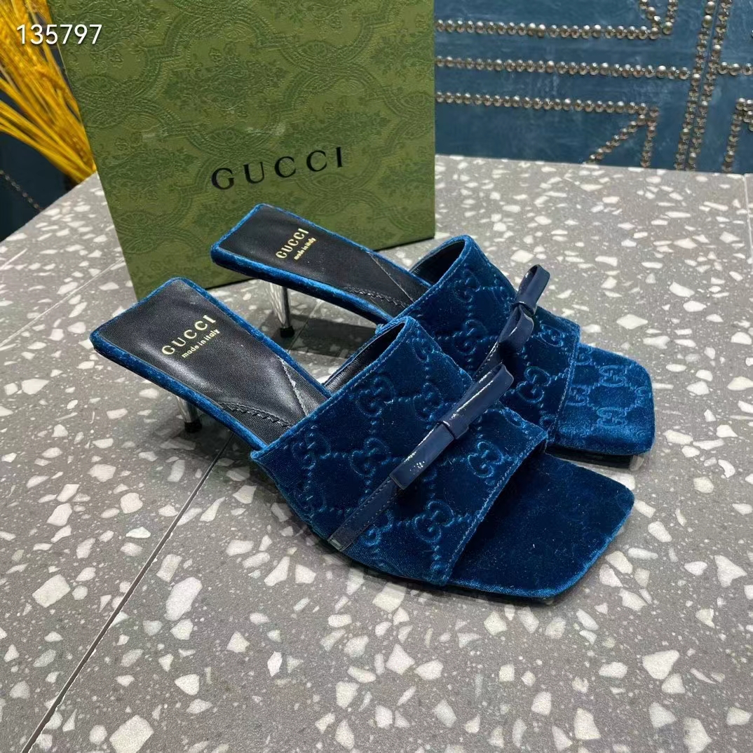 Gucci Women’s GG Slide Sandal Blue GG Velvet Square Toe Low 4.3 CM Heel