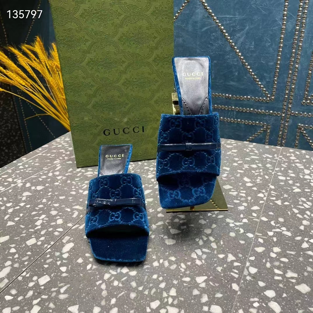 Gucci Women’s GG Slide Sandal Blue GG Velvet Square Toe Low 4.3 CM Heel