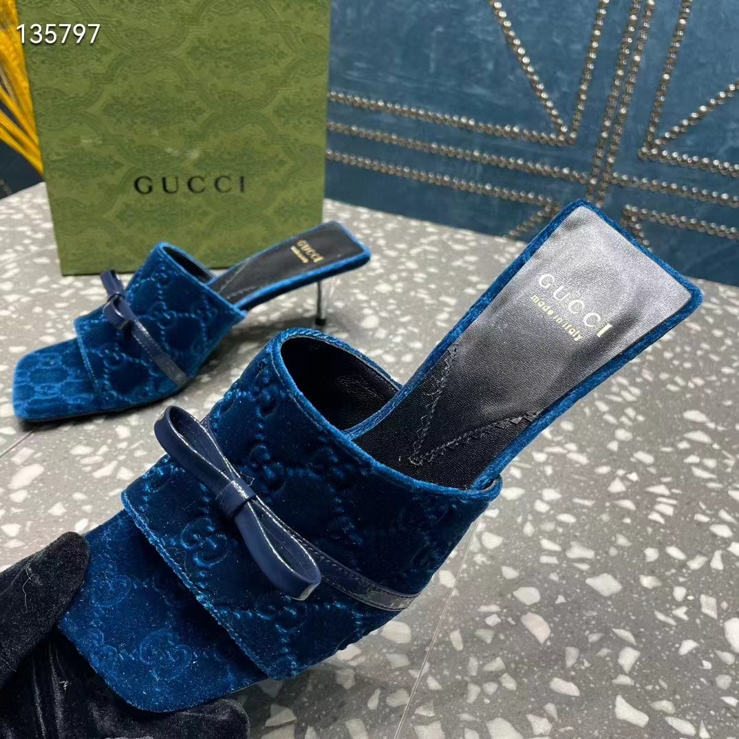 Gucci Women’s GG Slide Sandal Blue GG Velvet Square Toe Low 4.3 CM Heel