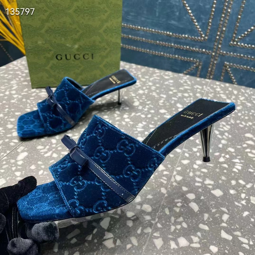 Gucci Women’s GG Slide Sandal Blue GG Velvet Square Toe Low 4.3 CM Heel