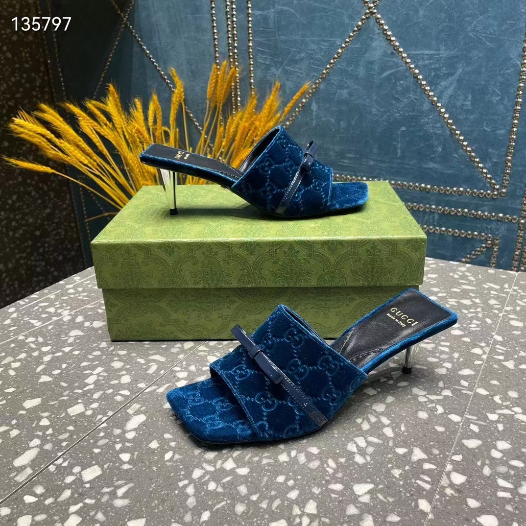 Gucci Women’s GG Slide Sandal Blue GG Velvet Square Toe Low 4.3 CM Heel