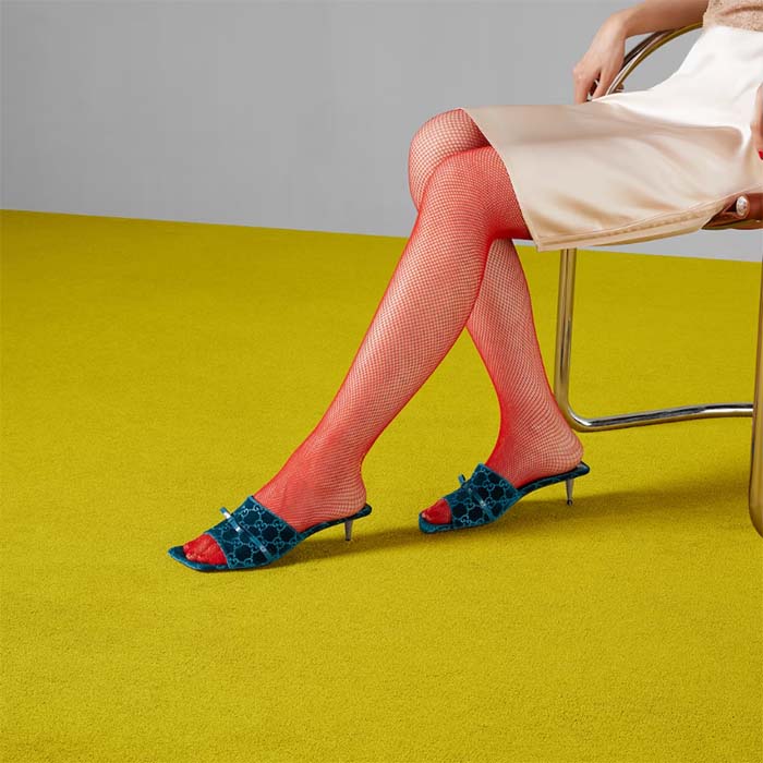 Gucci Women’s GG Slide Sandal Blue GG Velvet Square Toe Low 4.3 CM Heel