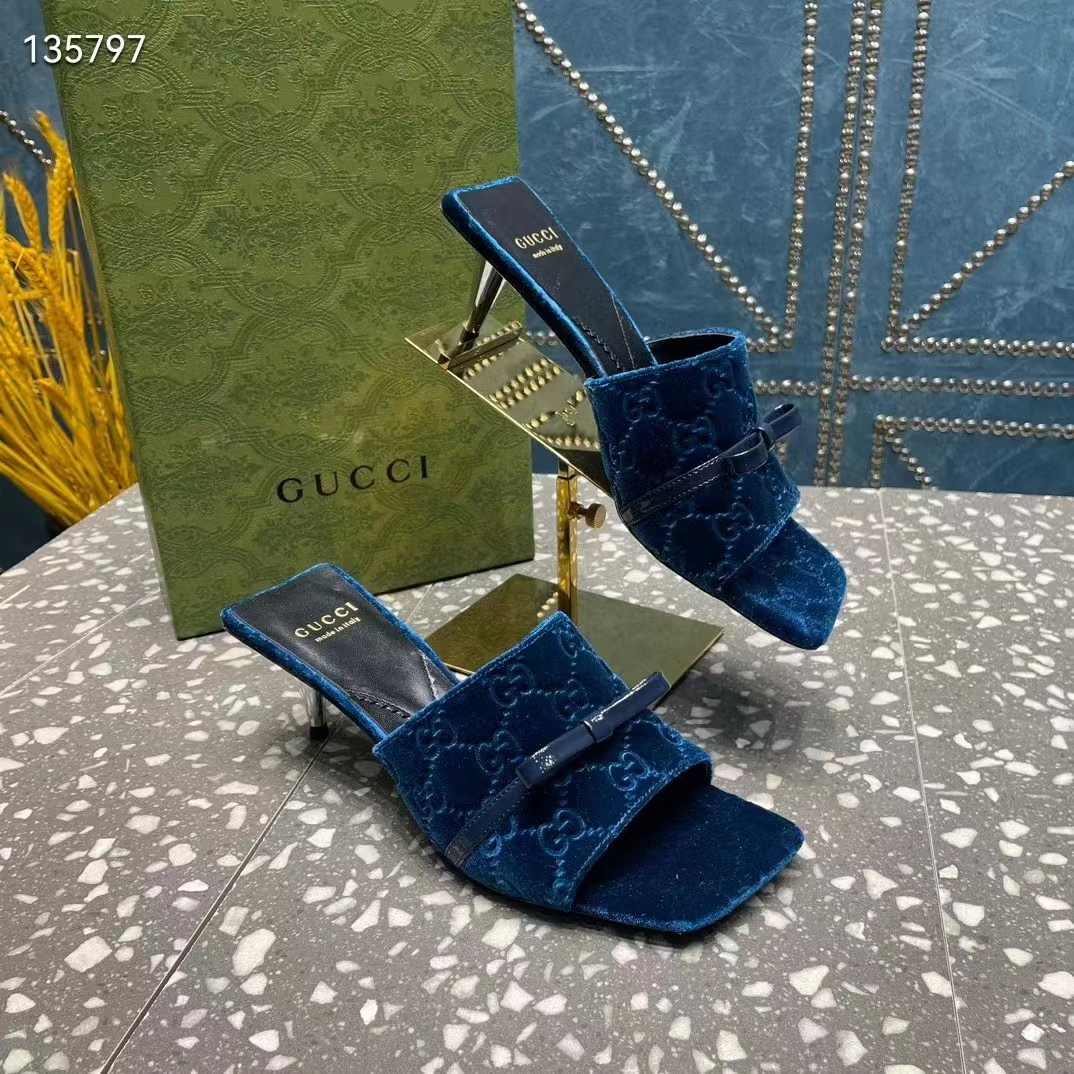 Gucci Women’s GG Slide Sandal Blue GG Velvet Square Toe Low 4.3 CM Heel