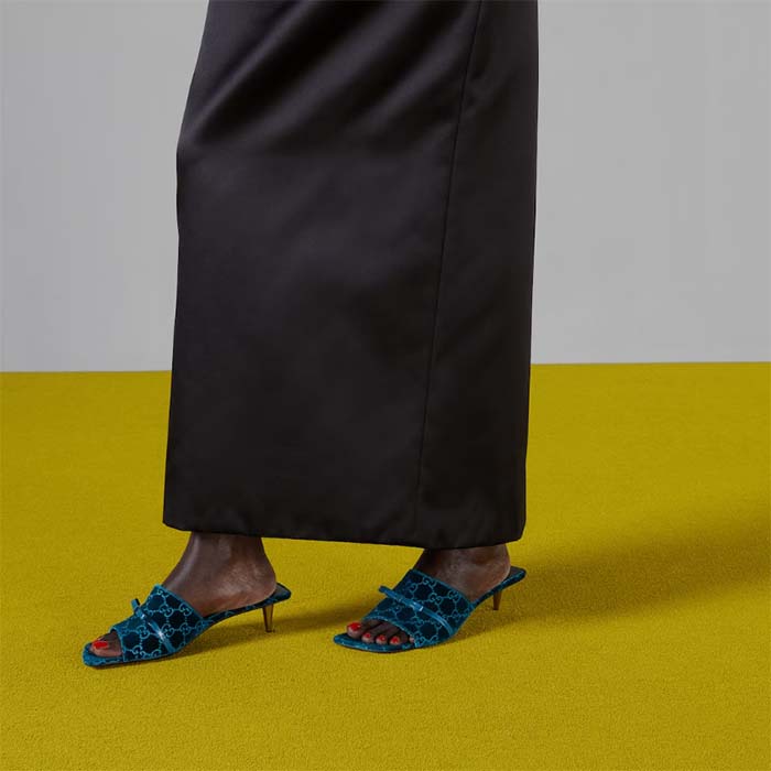 Gucci Women’s GG Slide Sandal Blue GG Velvet Square Toe Low 4.3 CM Heel