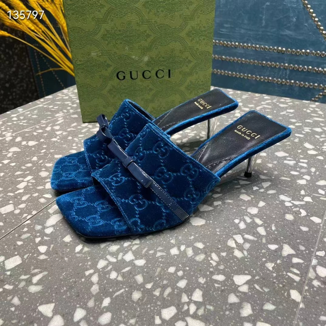 Gucci Women’s GG Slide Sandal Blue GG Velvet Square Toe Low 4.3 CM Heel