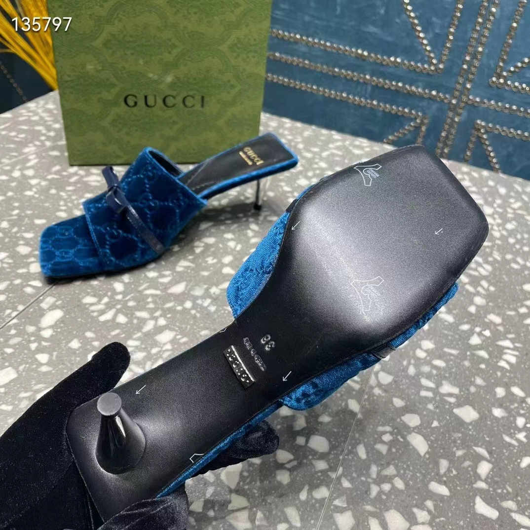 Gucci Women’s GG Slide Sandal Blue GG Velvet Square Toe Low 4.3 CM Heel