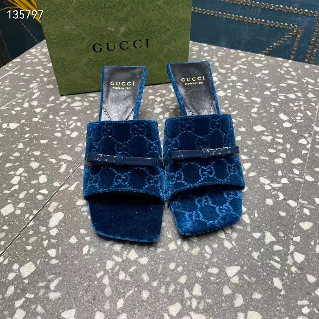 Gucci Women’s GG Slide Sandal Blue GG Velvet Square Toe Low 4.3 CM Heel