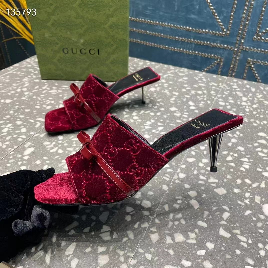 Gucci Women’s GG Slide Sandal Burgundy GG Velvet Square Toe Low 4.3 CM Heel