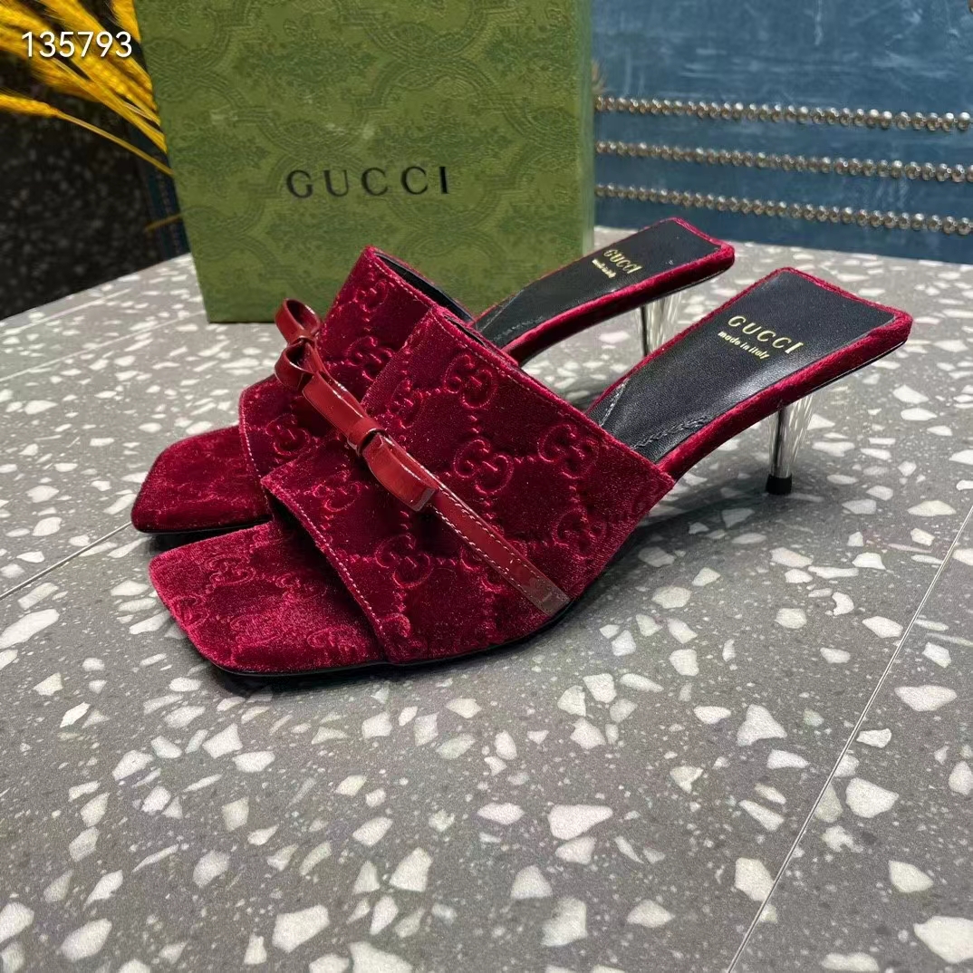 Gucci Women’s GG Slide Sandal Burgundy GG Velvet Square Toe Low 4.3 CM Heel