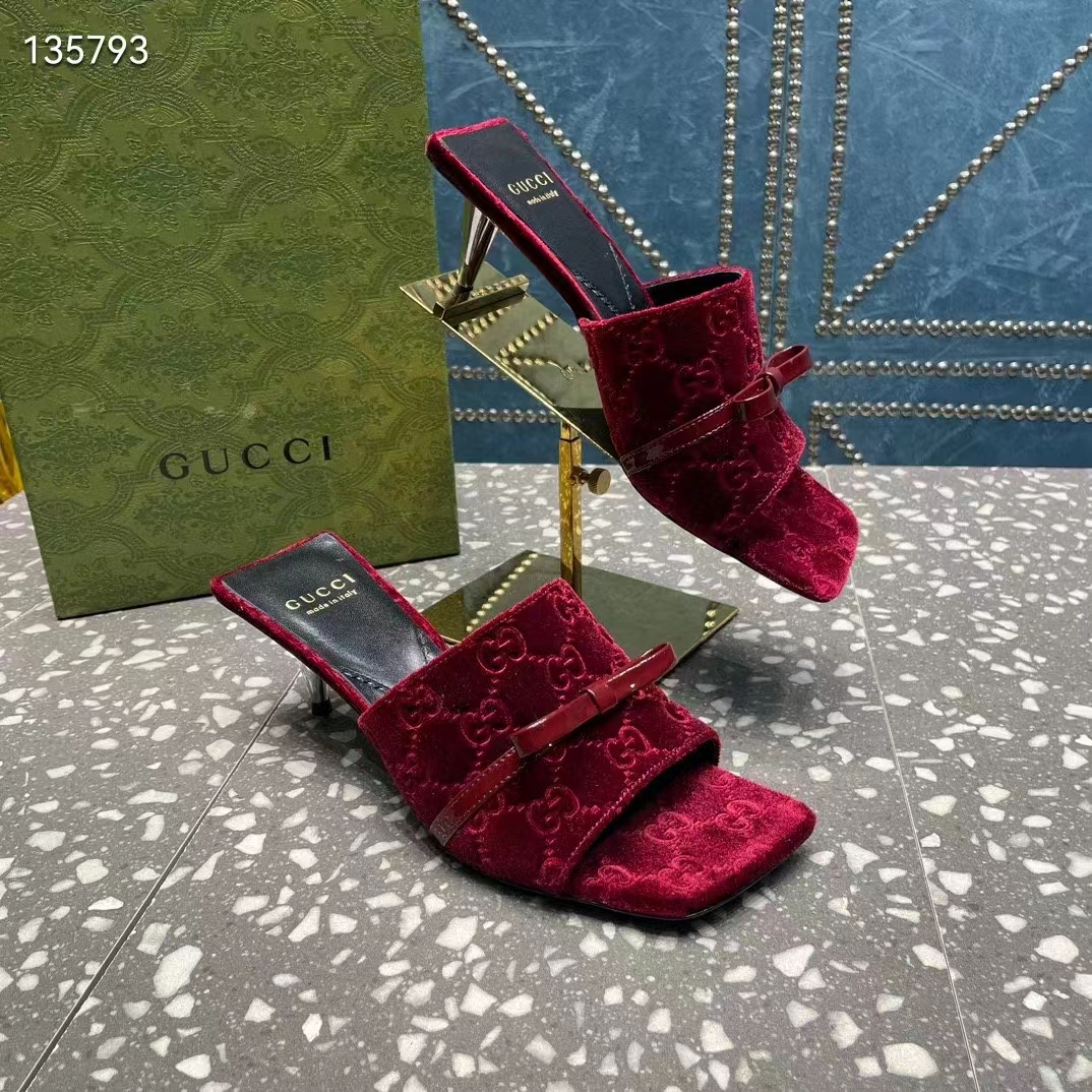 Gucci Women’s GG Slide Sandal Burgundy GG Velvet Square Toe Low 4.3 CM Heel