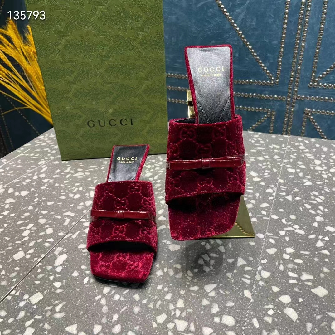 Gucci Women’s GG Slide Sandal Burgundy GG Velvet Square Toe Low 4.3 CM Heel