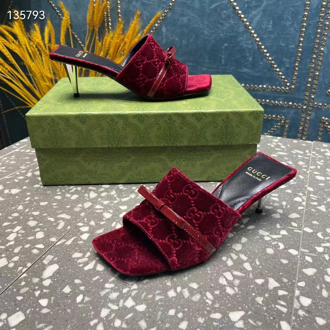 Gucci Women’s GG Slide Sandal Burgundy GG Velvet Square Toe Low 4.3 CM Heel
