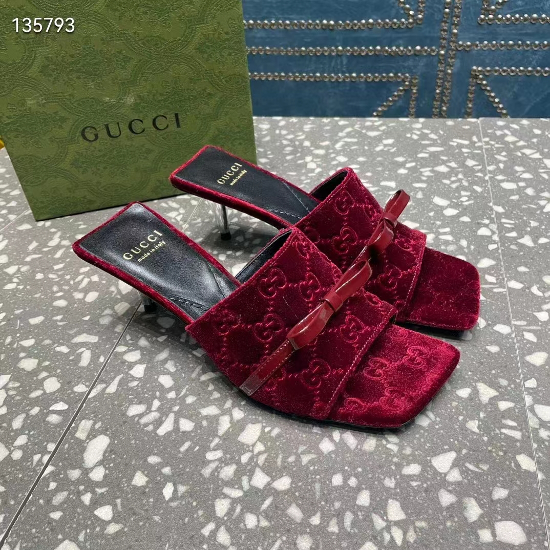 Gucci Women’s GG Slide Sandal Burgundy GG Velvet Square Toe Low 4.3 CM Heel