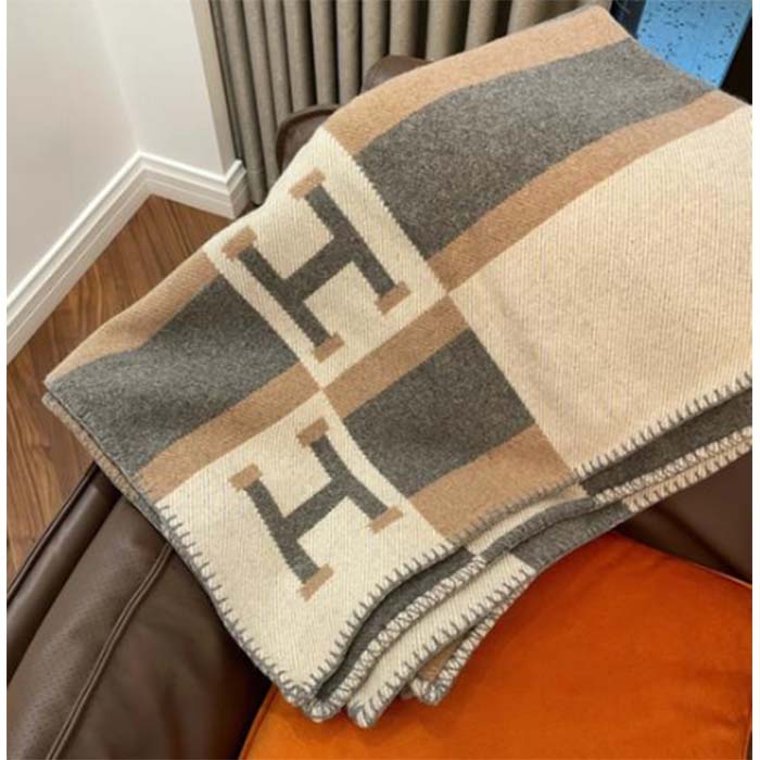Hermes Unisex Wool Cashmere Pink Grey Beige Multifunction Blanket Scarf