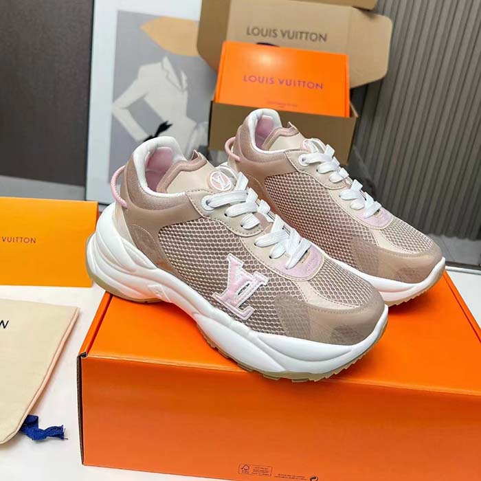 Louis Vuitton LV Unisex Run 55 Sneaker Beige Mix Materials Lifted Rubber Outsole