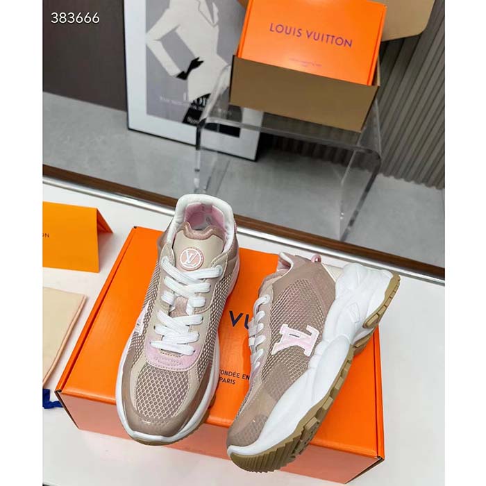 Louis Vuitton LV Unisex Run 55 Sneaker Beige Mix Materials Lifted Rubber Outsole