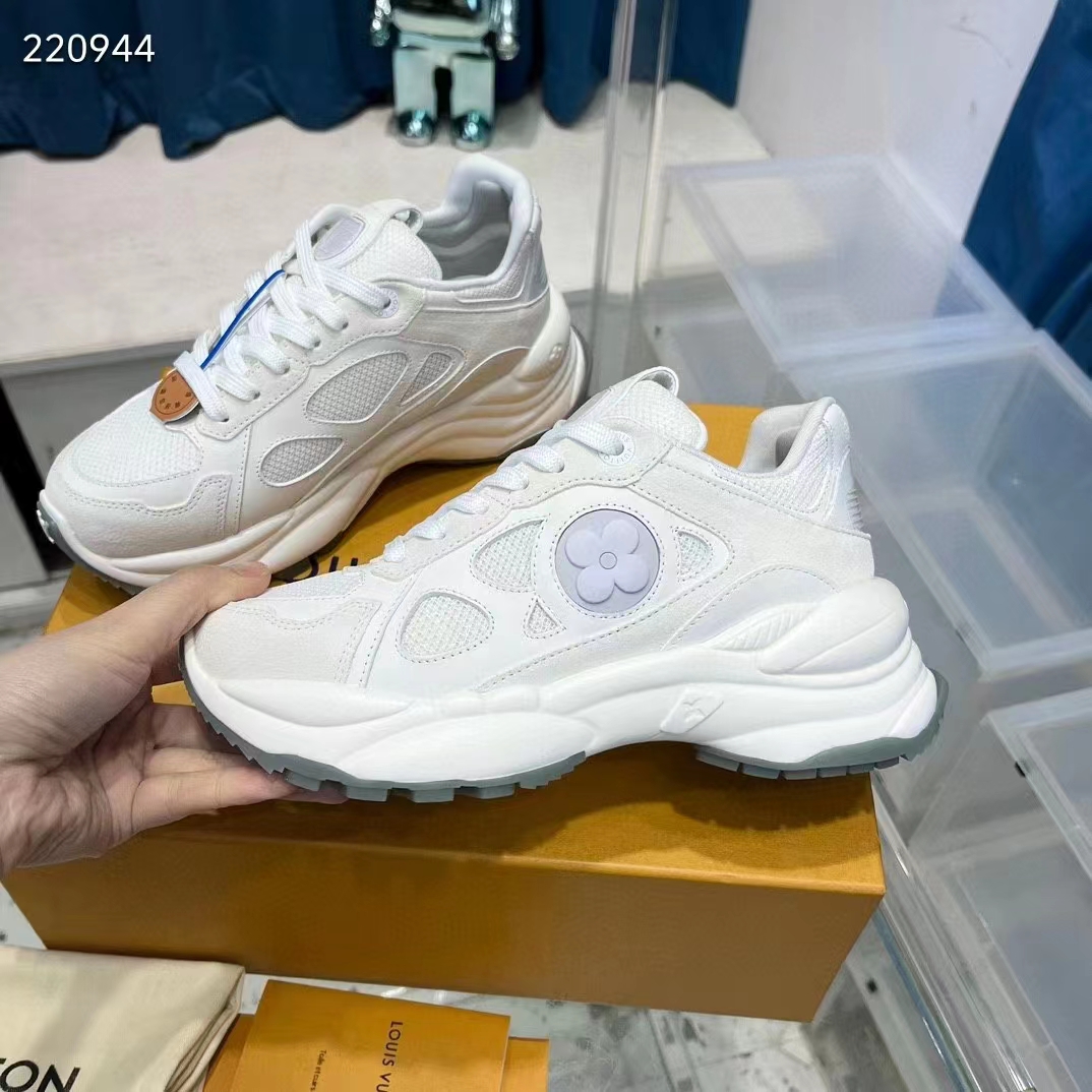 Louis Vuitton LV Unisex Run 55 Sneaker White Mix Materials Lifted Rubber Outsole 1ACGQN