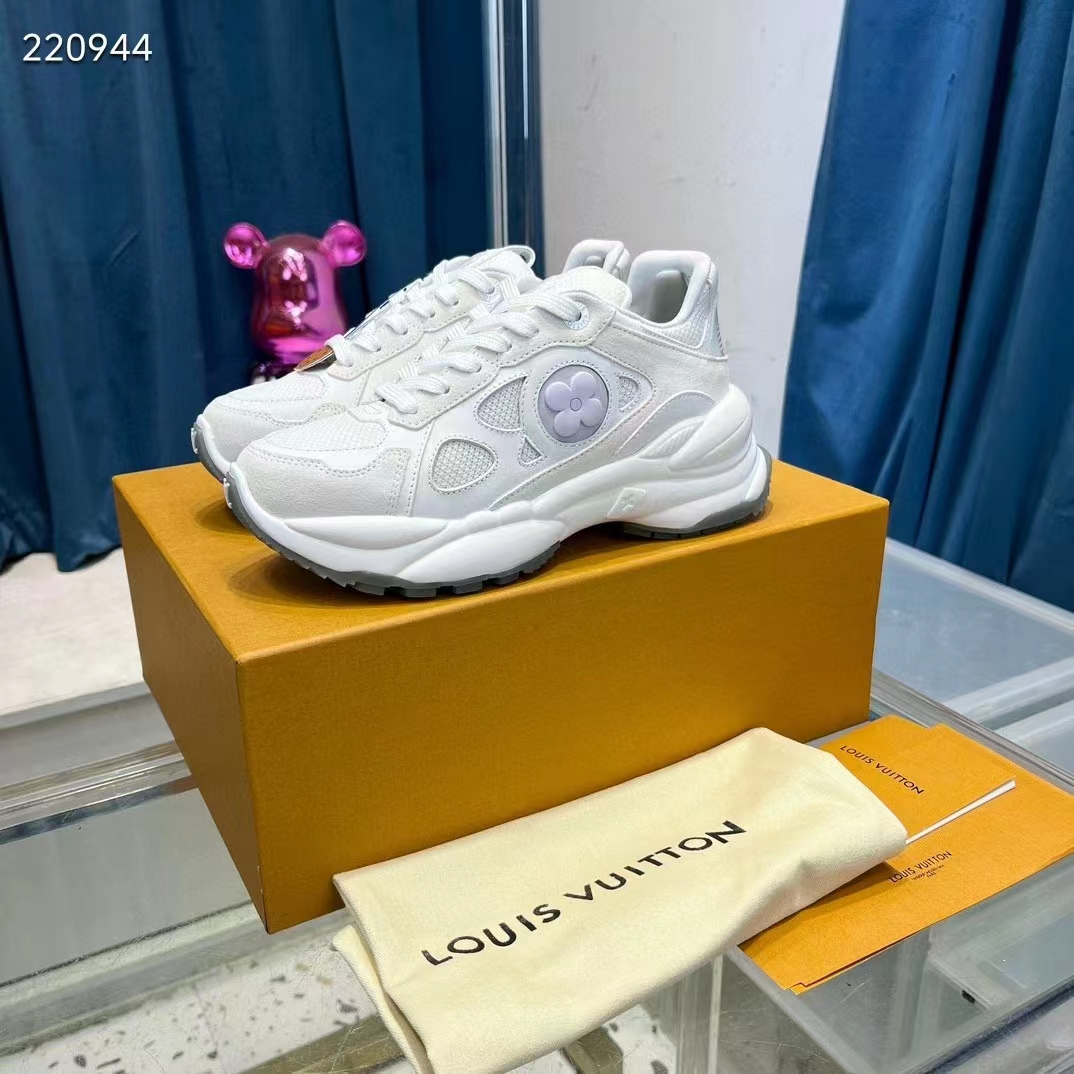 Louis Vuitton LV Unisex Run 55 Sneaker White Mix Materials Lifted Rubber Outsole 1ACGQN