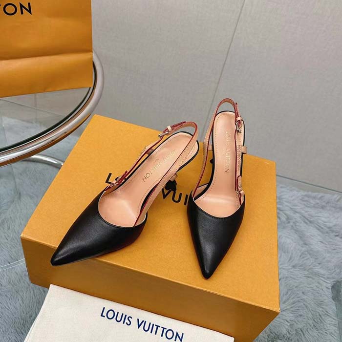 Louis Vuitton LV Women Blossom Slingback Pump Black Lambskin Cowhide Leather 7.5 CM Heel