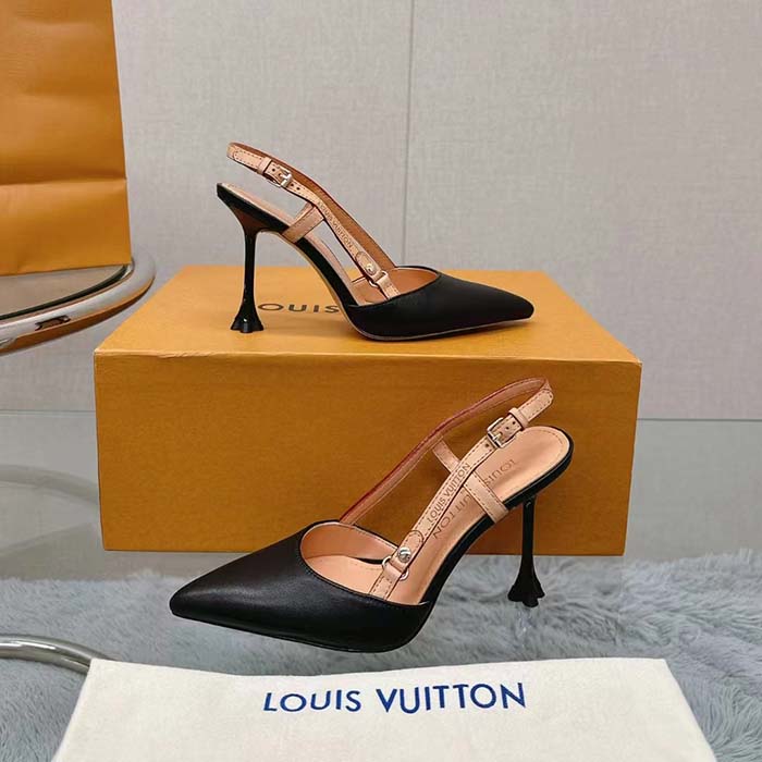 Louis Vuitton LV Women Blossom Slingback Pump Black Lambskin Cowhide Leather 7.5 CM Heel