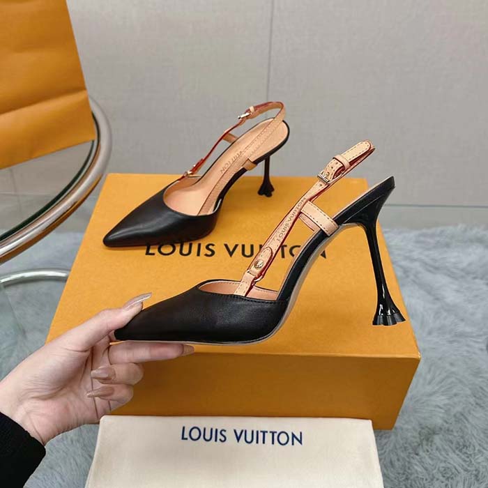 Louis Vuitton LV Women Blossom Slingback Pump Black Lambskin Cowhide Leather 7.5 CM Heel