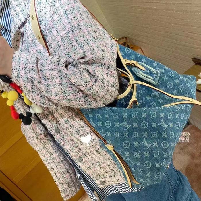 Louis Vuitton LV Women CarryAll MM Denim Blue GOTS Certified Cotton Monogram Denim Canvas