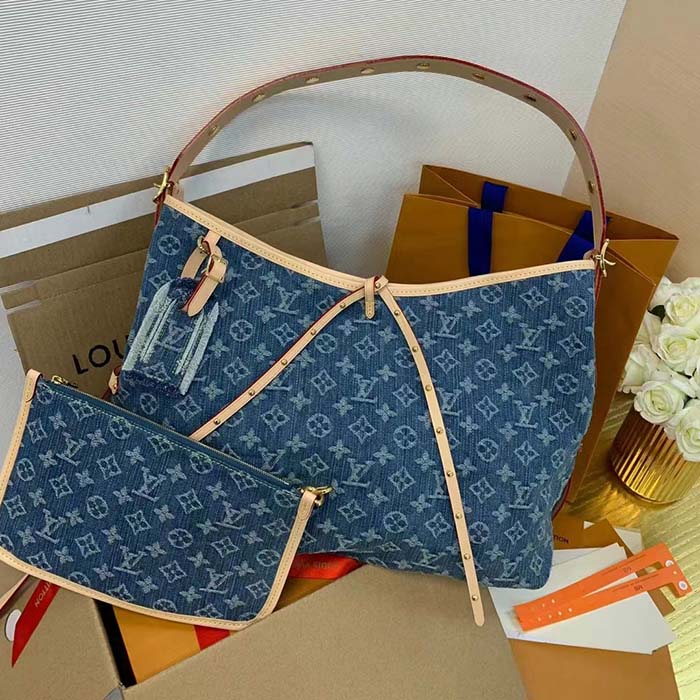 Louis Vuitton LV Women CarryAll MM Denim Blue GOTS Certified Cotton Monogram Denim Canvas
