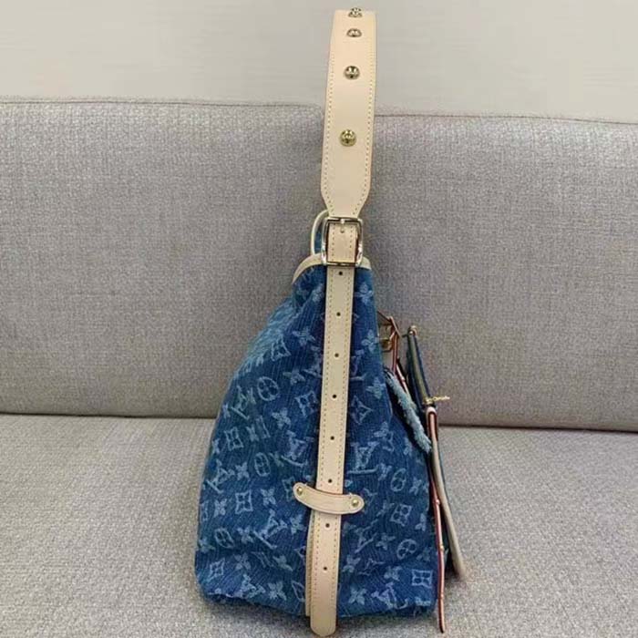Louis Vuitton LV Women CarryAll MM Denim Blue GOTS Certified Cotton Monogram Denim Canvas