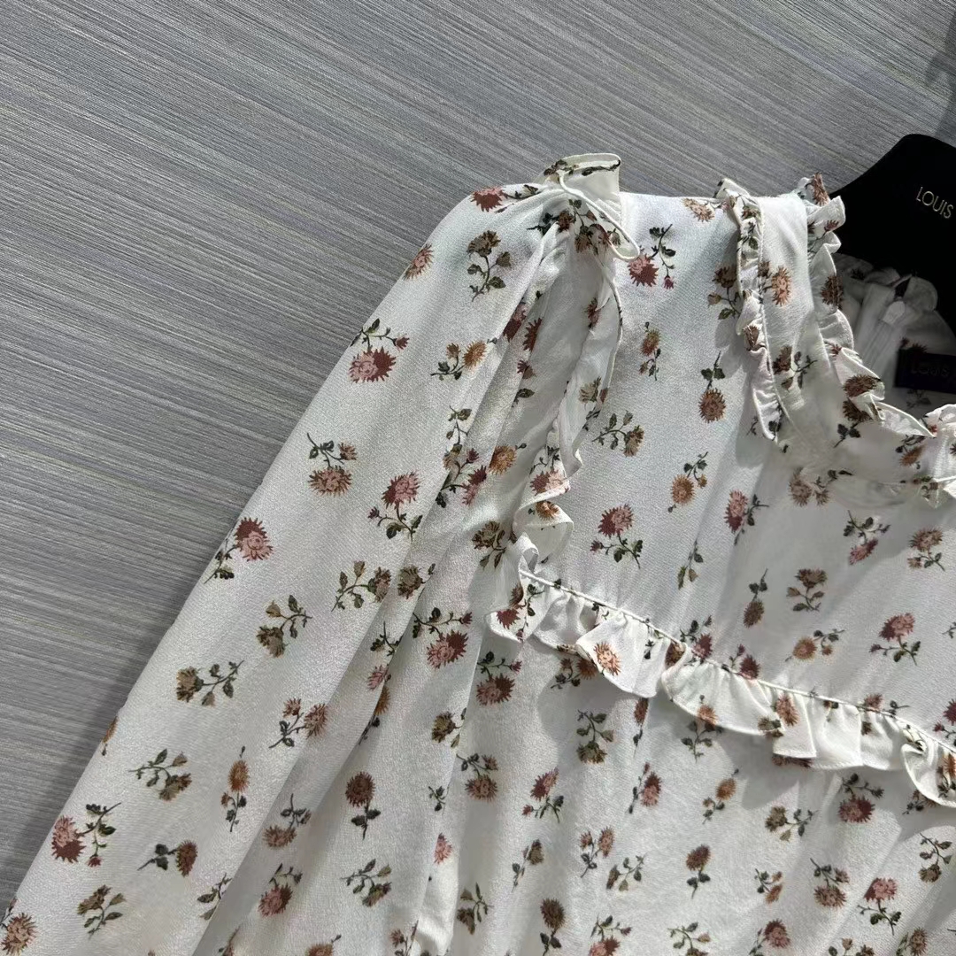 Louis Vuitton LV Women Floral Print Ruffle Collar Shirt Silk Milky White Regular Fit