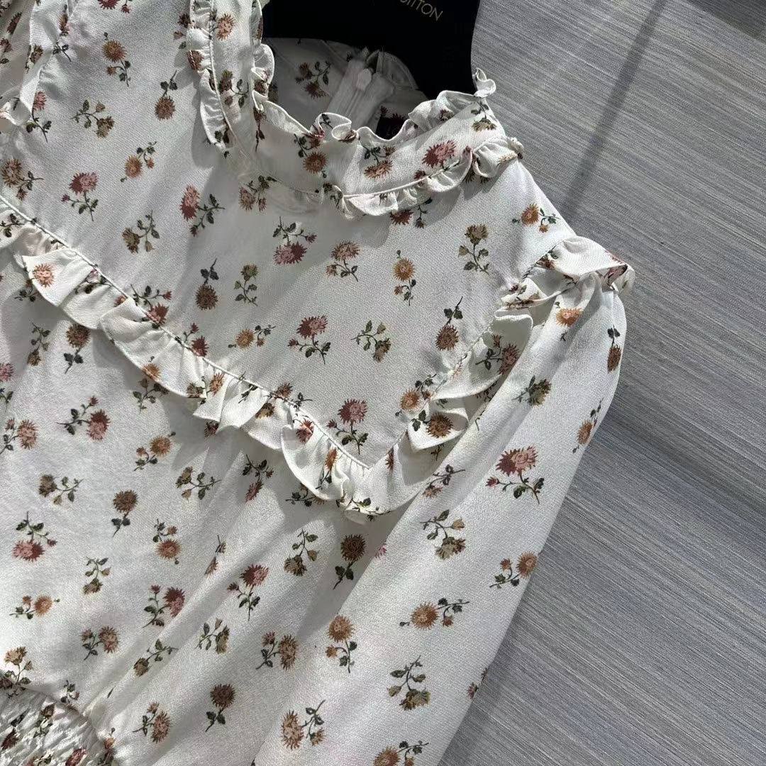 Louis Vuitton LV Women Floral Print Ruffle Collar Shirt Silk Milky White Regular Fit