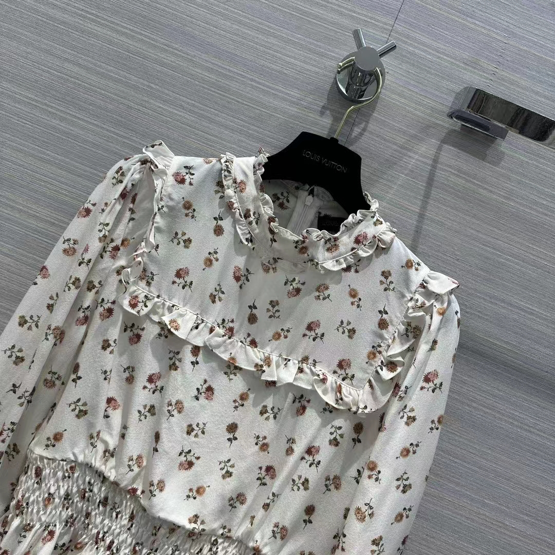 Louis Vuitton LV Women Floral Print Ruffle Collar Shirt Silk Milky White Regular Fit