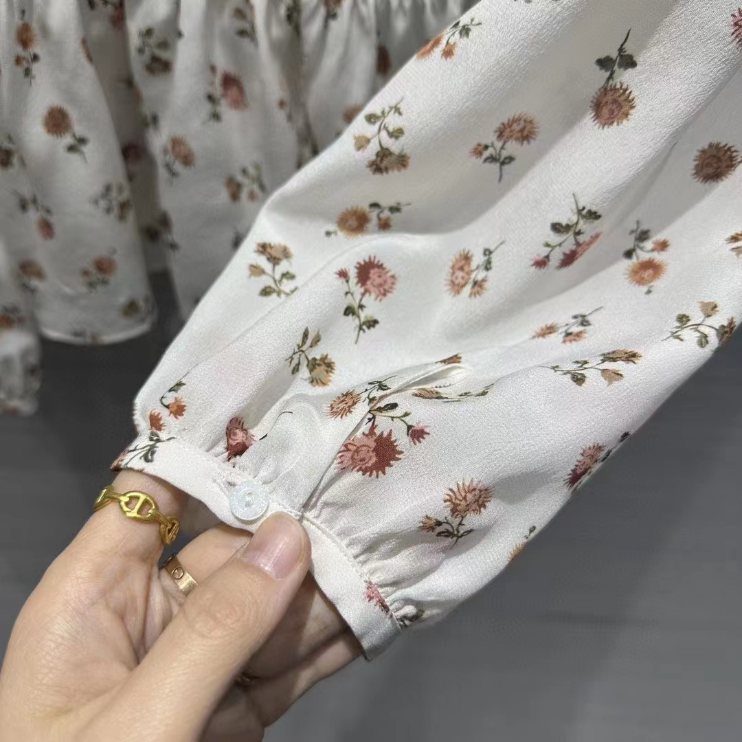 Louis Vuitton LV Women Floral Print Ruffle Collar Shirt Silk Milky White Regular Fit