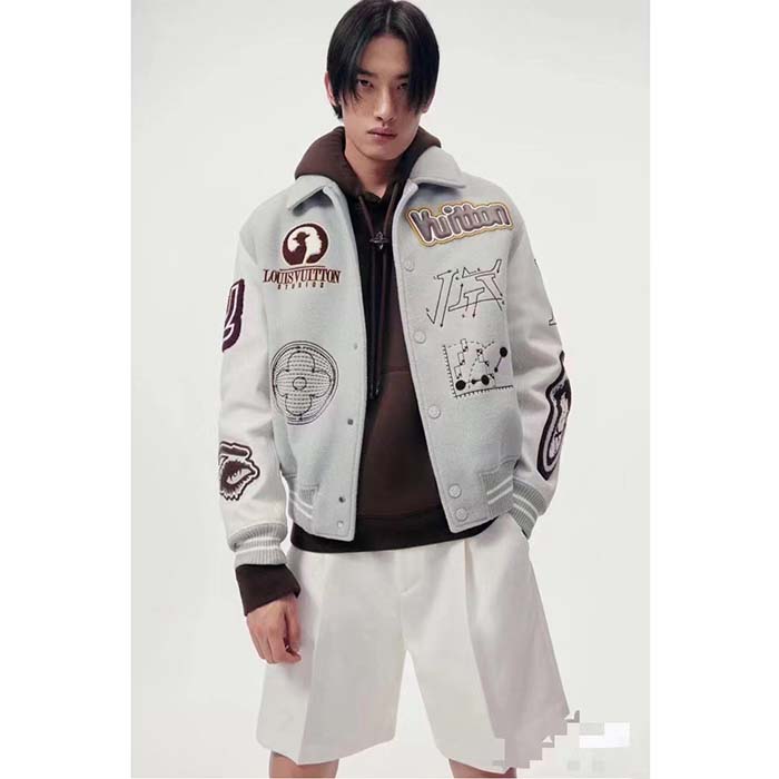 Louis Vuitton Men LV Varsity Leather Blouson Cropped Fit Epi Leather Sleeves Shirt Collar Cotton Wool