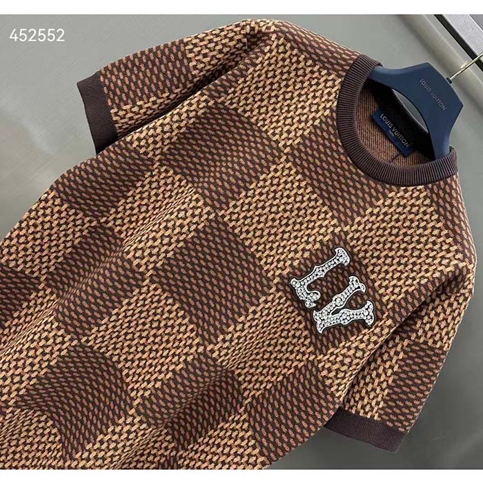 Louis Vuitton Women Short-Sleeved Cotton Damier Crewneck Crystal LV Patch Regular Fit Pop Jacquard 1AFIUP