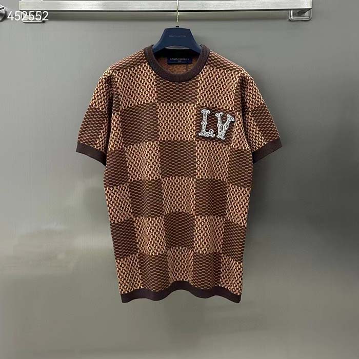 Louis Vuitton Women Short-Sleeved Cotton Damier Crewneck Crystal LV Patch Regular Fit Pop Jacquard 1AFIUP